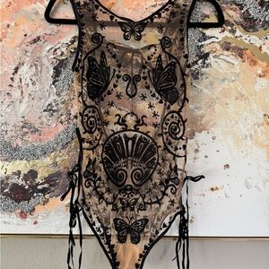 For Love & Lemons Karina Sheer Black Embroidered Butterfly Bodysuit